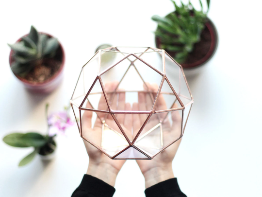 stained Glass Geometric Terrarium Container, Succulent Terrarium, Moss Coffee Table Decor, Copper Planter
