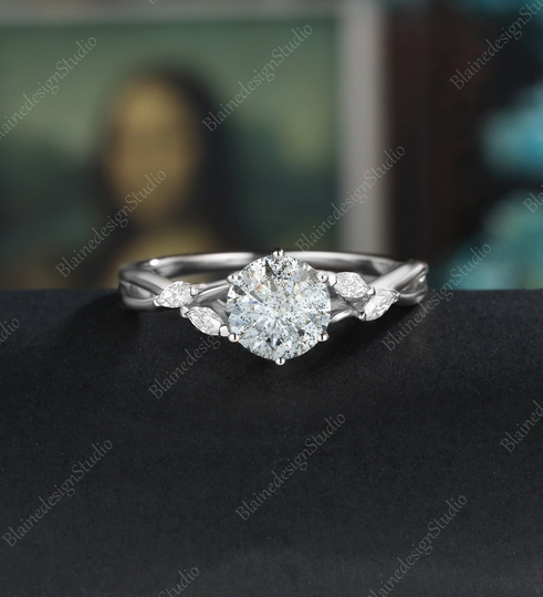 Salt & Pepper Moissanite Engagement Ring Vintage Unique White Gold Marquise Diamond Cluster Wedding Anniversary Dainty