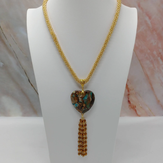 Gemstone Tan Seed Bead Spiral Crochet Beaded Tassel Necklace, Jewelry, Statement Necklace