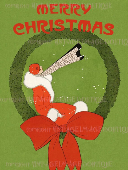 Antique 1920's Lovely Flapper Who Sits Posed On A Wreath Of Holly Christmas Season Winter Solstice Holiday 5x7 Greeting Card