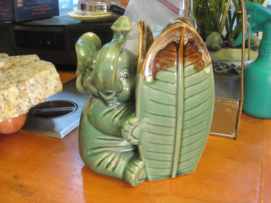 Vintage Lucky Elephant & Palm Leaves Vase, Trunk Up