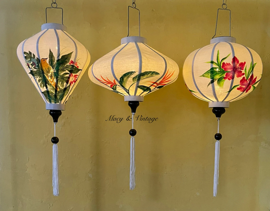 Set 3 Hoi An Bamboo Silk Lanterns 35cm - Hand Painting Liberty Flowers Style Red Hibiscus, Strelitzia Pattern, Bird & Flower Patterns