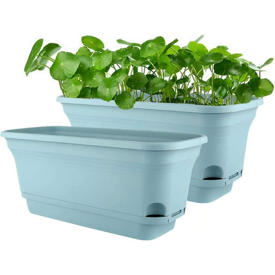 Einemgeld - 40CM Self-Watering Plant Pot Rectangular Plastic Planters, Modern Decorative Flower Pot for All Plants, Flowers, Herbs - Blue, Set of 2