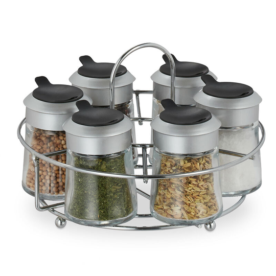 Spice Rack with 6 Jars, Adjustable Shaker Insert, 60 ml, Metal Stand, HxØ: 12 x 17.5 cm, Transparent/Silver - Relaxdays
