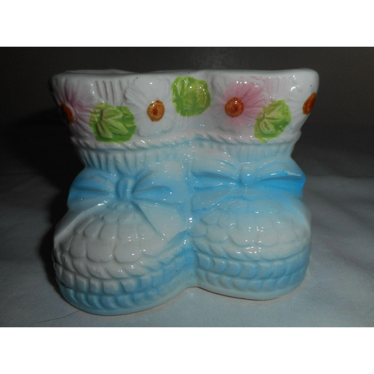 Vintage Nancy Pew Blue Baby Bootie Shoes Ceramic Planter Japan Nursery Decor