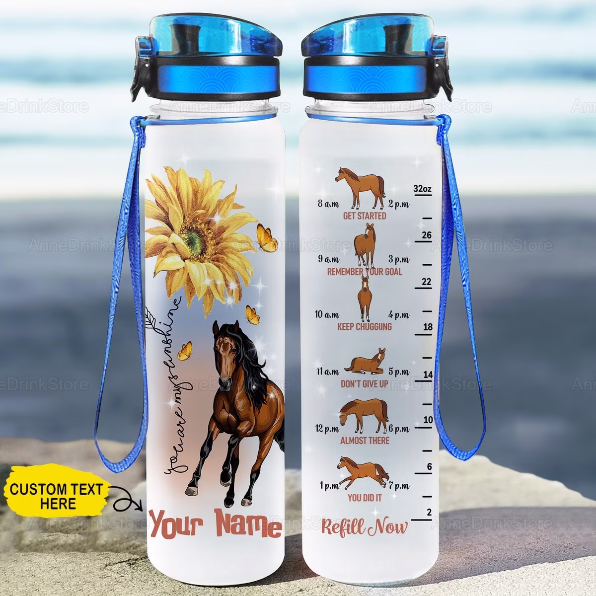 Horse & Sunflower Water Bottle, Personalized Tumbler, Sports Christmas Gift