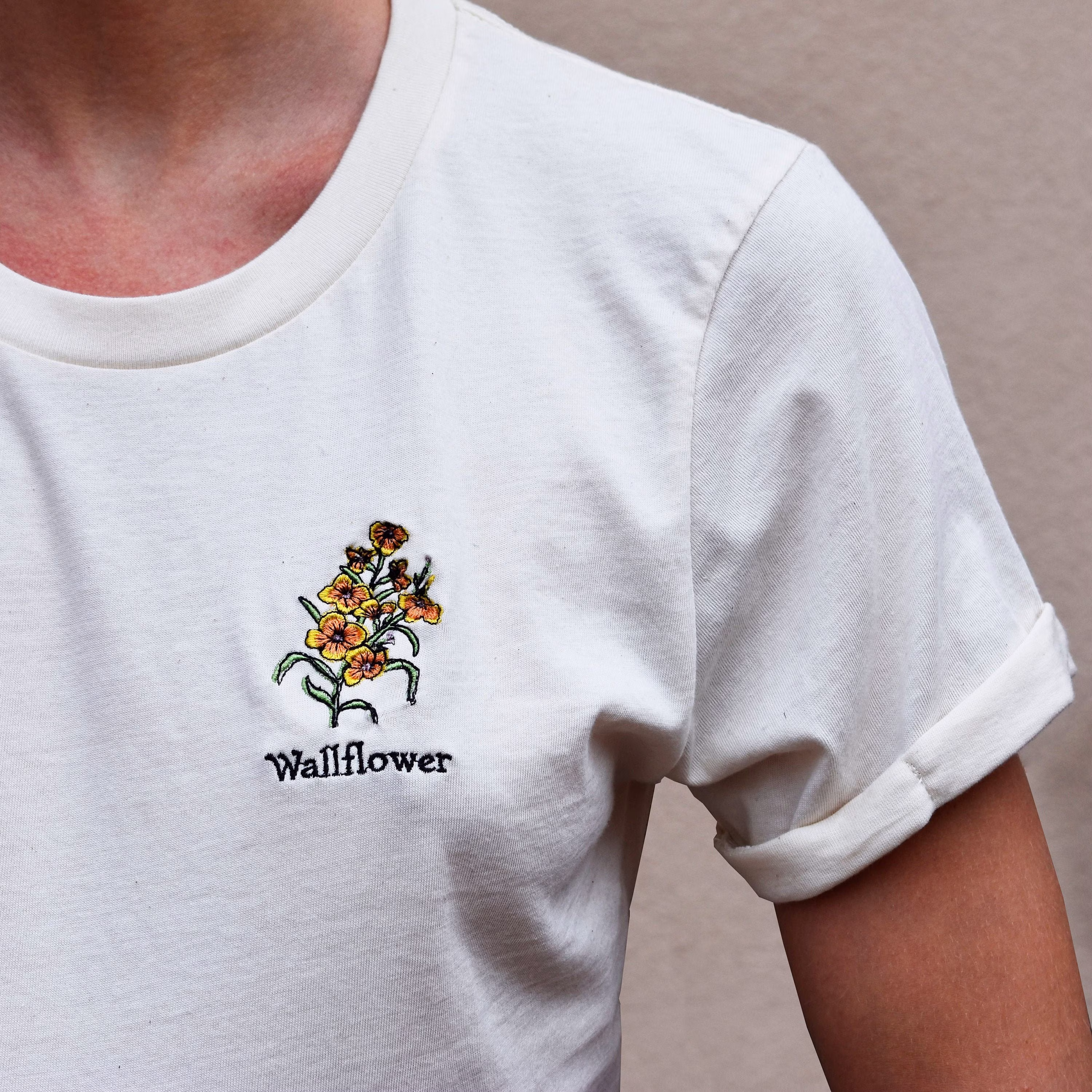 Organic Cotton Embroidered Off-White Scoop Neck Cuffed Short Sleeve Unisex Tee T-Shirt Mental Health Gift For Introverts Wallflower Flower