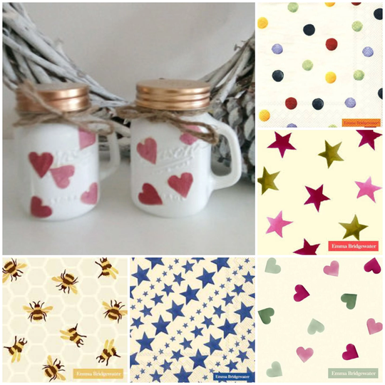 Various Emma Bridgewater Inspired Decoupaged Glass Salt & Pepper Mini Mason Shaker