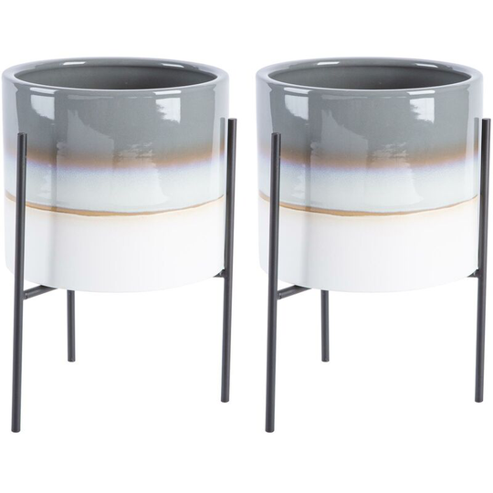 Nicola Spring Reactive Glaze Plant Pots on Stands - 19cm - Grey/Black - Pack of 2