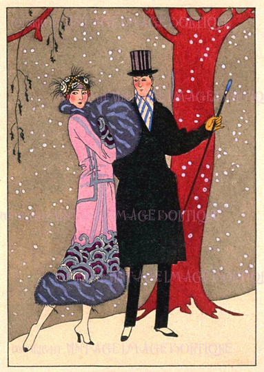 Antique 1920's Chic Couple Winter Scene Christmas Season Solstice Holiday 5x7 Greeting Card