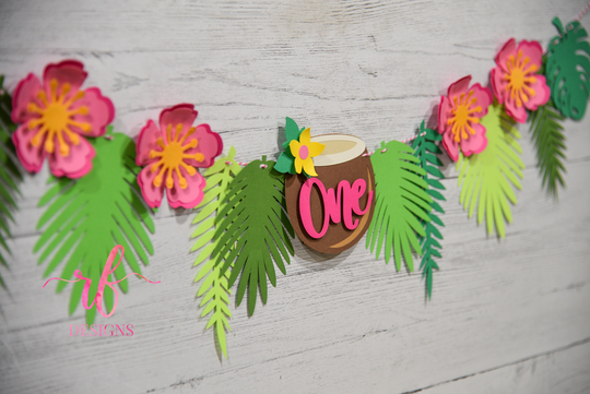 Tropical Luau High Chair Banner - Fun Coconut & Leaves Customized With Age