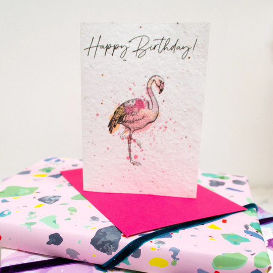 Happy Birthday Watercolour Flamingo Seed Paper Card