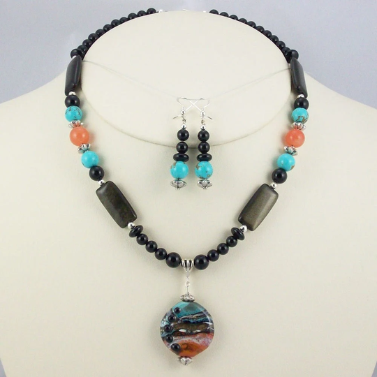 Natural Stone Beads Compliment Organic Artisan Lampwork Pendant Necklace Set
