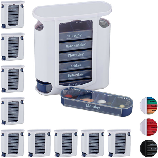 Set of 10 Relaxdays 7-Day Pill Towers, Weekly Medicine Boxes, 4 Compartments, Sliding Lids, Blue/White