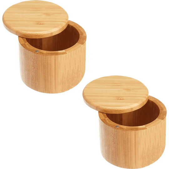 Bamboo Salt Box,Salt Holder With Lid, Salt Shaker, Cumin and Pepper Bowl with Magnetic Swivel Lid(2 pcs) Spice jar