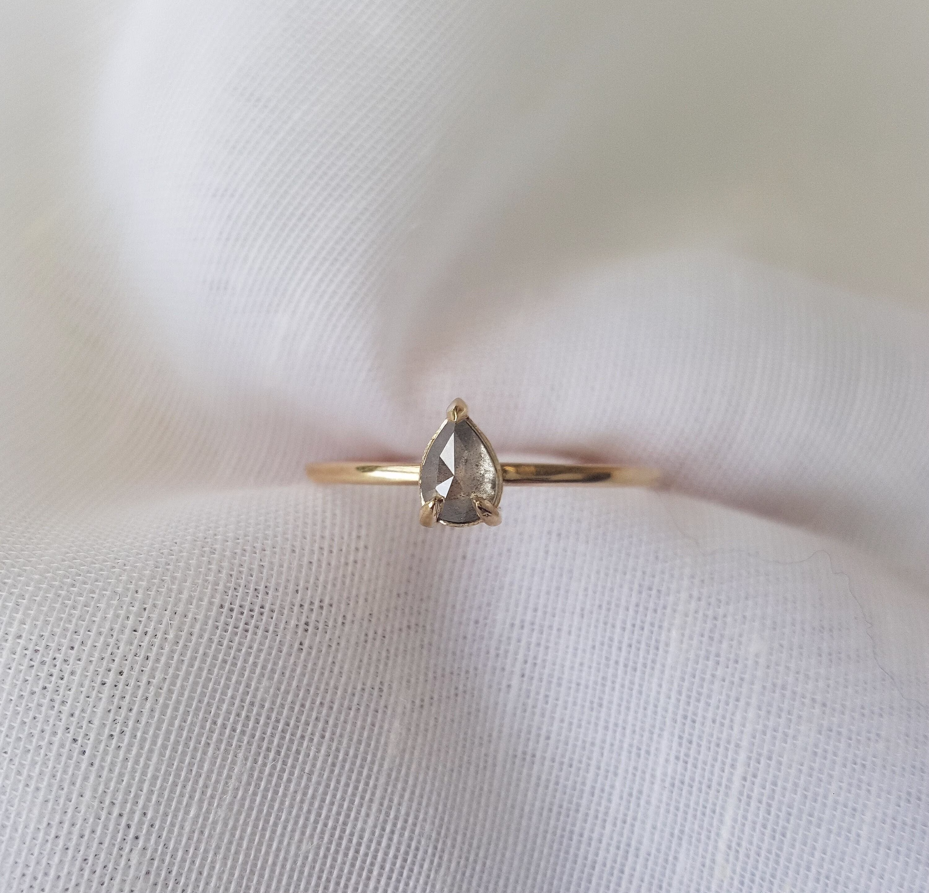 Solid Gold Salt & Pepper Diamond Engagement Ring, 6x4 Rose Cut Pear Wedding Galaxy Unique Ring