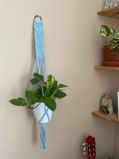 Pale Blue Plant Hanger, Macrame Wall Hanging Pot Holder, Indoor Plants, Modern Boho Rustic Decor, Eco Friendly Gifts For Lover