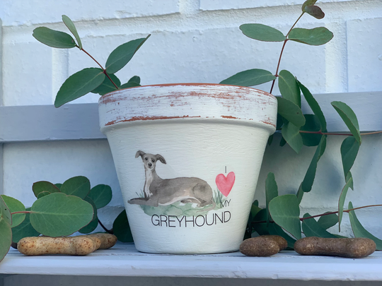 Personalised Greyhound Plant Pot Gift. Dog Memorial Keepsake Flower Planter. Lovers Birthday Terracotta Pot