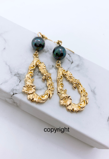 Hibiscus & Honu Teardrop Hamilton Gold Earring With Shell Pearls