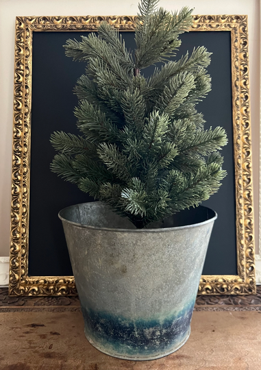 Christmas Tree Tub/1950S Galvanised Flower Bucket - With Blue Bottom