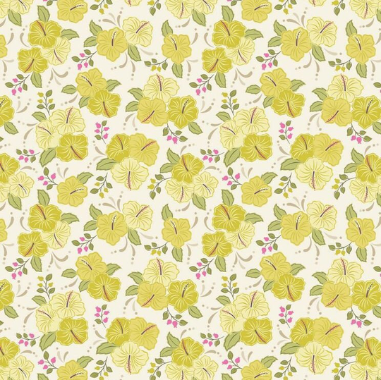 Fat Quarter, Island Girl, Yellow Hibiscus, Tropical Flowers, South Pacific, Quilting, Patchwork, 100% Cotton, Lewis & Irene, Floral
