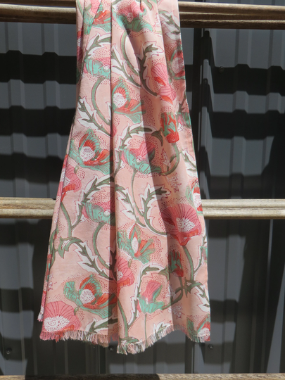 Block Print Scarf Sustainable Organic Cotton Peach Poppies 20"x72
