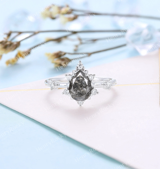 Salt & Pepper Diamond Engagement Ring Antique Pear Shaped Bridal Vintage White Gold Art Deco Wedding Anniversary Promise