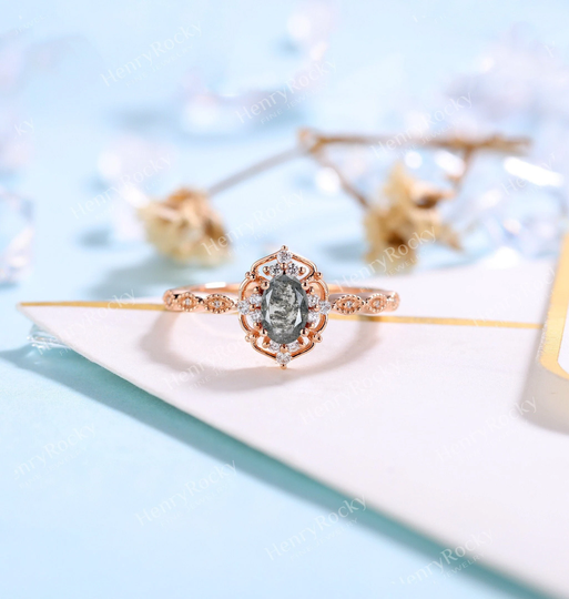 Vintage Salt & Pepper Diamond Engagement Ring Oval Cut Bridal Art Deco Rose Gold Moissanite Milgrain Wedding Anniversary Promise