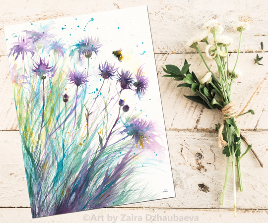 Bee & Thistle Original Watercolor Painting Floral Wall Art Wildflowers Bees Nature Botanical Garden Plants Bumblebee Meadow Summer Green