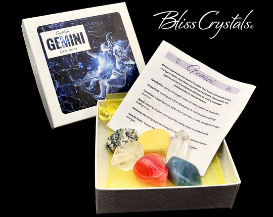 Gemini Zodiac Set Of 6 Crystals + Gift Box, Bag & Info Card, Birth Sign #zk26