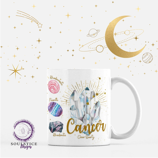 Cancer Mug/Crystalline Coffee Cup 11 Oz White Crystal Tea Zodiac Astrological
