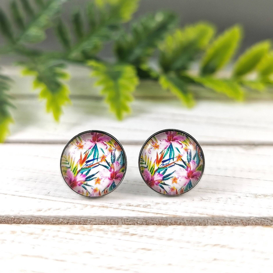 Tropical Pink Hibiscus Flower Small Glass Stud Earrings Stainless Steel Setting