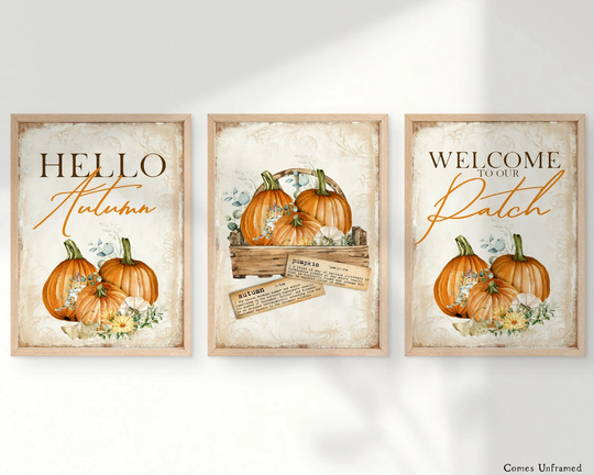 Set Of 3 Pumpkin Prints, Sign, Hello Autumn, Patch Farmhouse Autumn Decor, Seasonal Home Wall Art