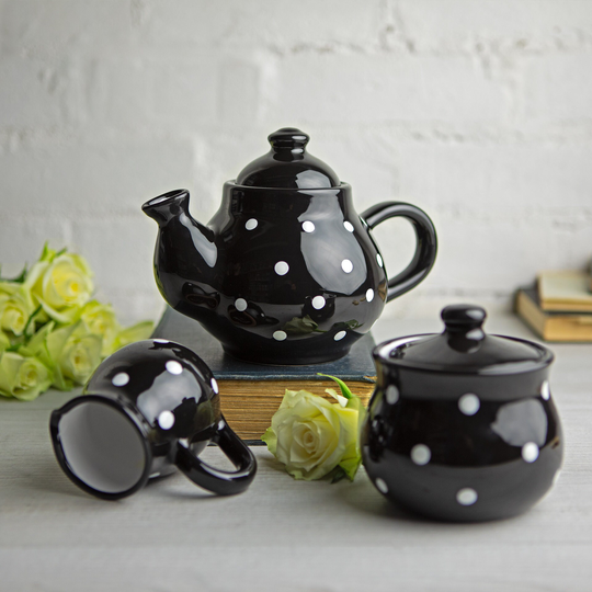Black Ceramic Tea Set, Handmade Teapot Small Teapot, Milk Jug, Sugar Bowl Stoneware Pottery With White Polka Dot