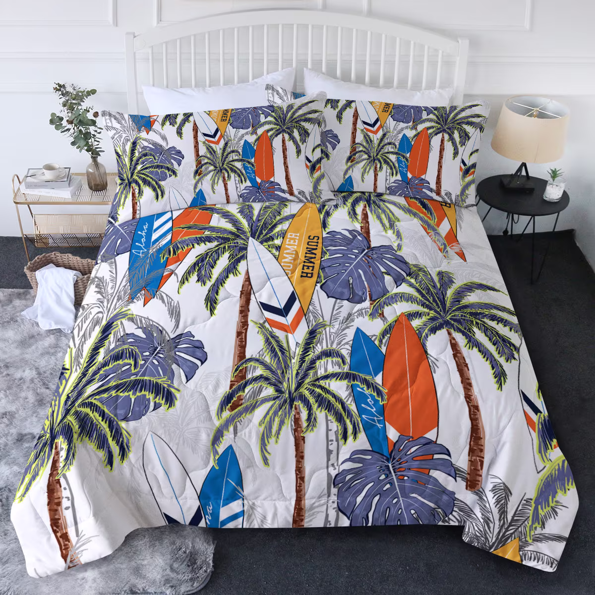 Surfer Comforter Set Tropical Surfing Palm Trees Surboards Quilt King Queen Twin Size