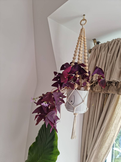 Wooden Bead Plant Hanger, Macrame Holder, Hanging Plant, Boho Scandi Pot, Farmhouse Beaded Flower Ceiling Basket