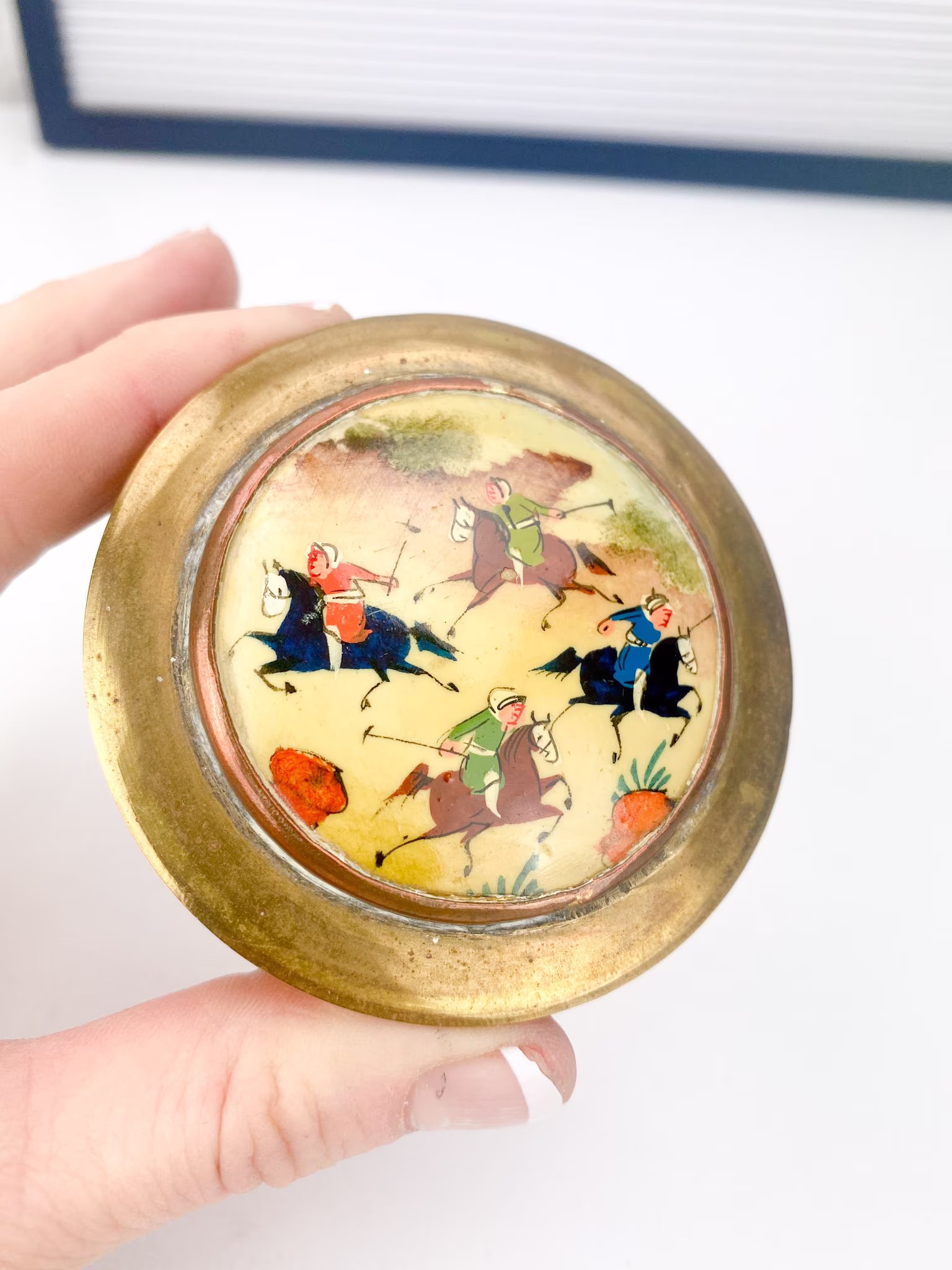 Vintage Brass Powder Box, Pill Compact With Persian Riders, Polo Sport, Pearlescent Painting