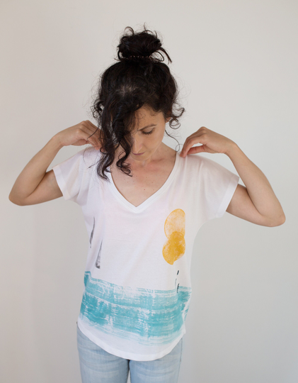 Summer - V Neck T-Shirt/Hand-Painted Organic Cotton Loose Abstract Print