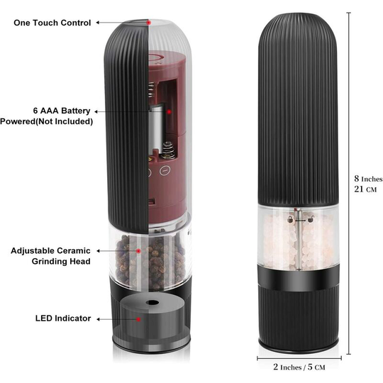 2 Pack One-Hand Operation Electric Salt and Pepper Grinder Mill Sets Refillable Adjustable Coarseness with led Indicator Light (Touch-Button Black)