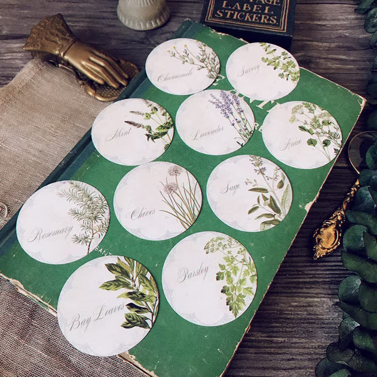 Plant Circle Sticker 10Pcs, Waterproof Surface Eucalyptus Botanical Flower Herb Boju Journal Round Seal Sticker, Planner Scrapbook Deco