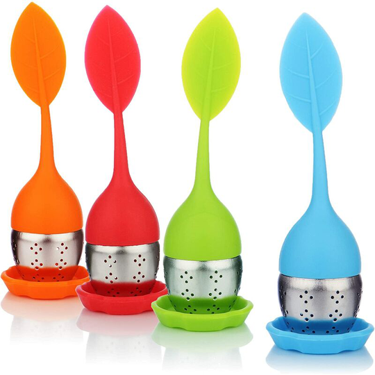 4x Stainless steel and silicone tea infuser - tea strainer with lid and saucer - tea infuser (004 pieces - 1 leaf green orange blue red)