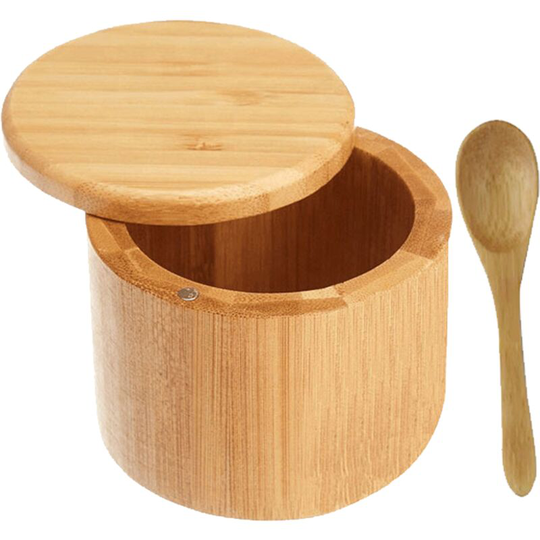 Fvbjd - Premium Bamboo Salt Container, Salt Cellar with Magnetic Swivel Lid - Salt Box with Spoon Round Seasoning Jar + Mini Spoon