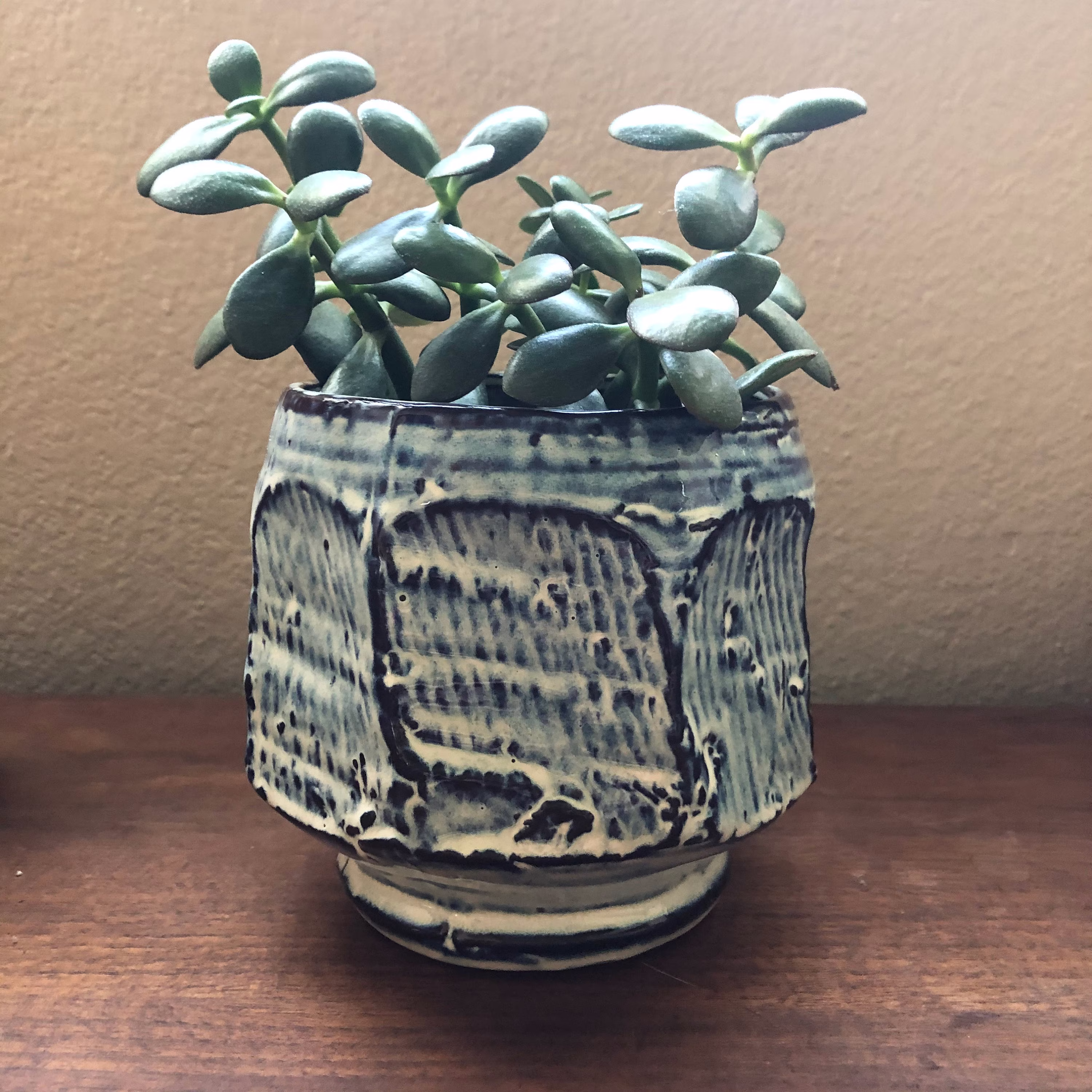 Blue & White Reactive Glaze Abstract Ceramic Pot 6"Dx 5 3/4
