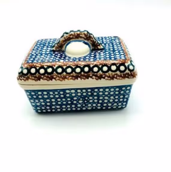 William Sonoma Grand Cuisine Vintage Hand Painted Polish Pottery Blue Hand-Painted Mini Cake/Salt Box