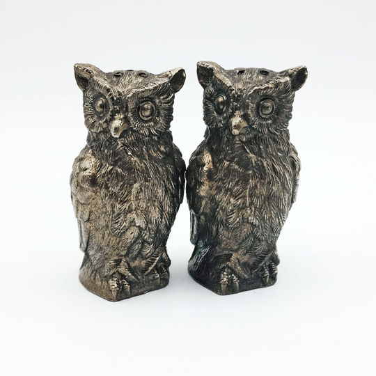 Metal Owl Cruet Set. What A Hoot Pair Of Silver Plate Salt & Pepper Shakers. Vintage Figural Animal/Bird Condiment Dispenser Tableware