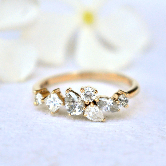 Diamond Asymmetric Cluster Band, Solid 14K 18K Gold Ring With Salt Pepper & White Fancy Diamonds, Unique Promise Celestial Wedding Band