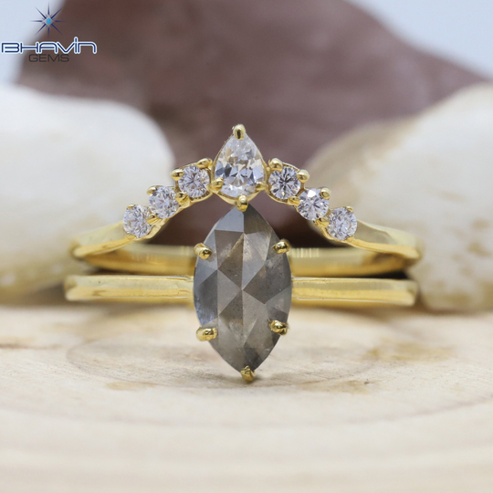 14K & 18K, Gold Ring, Marquise Diamond, Salt & Pepper Natural Diamond Engagement Wedding Bjr-101