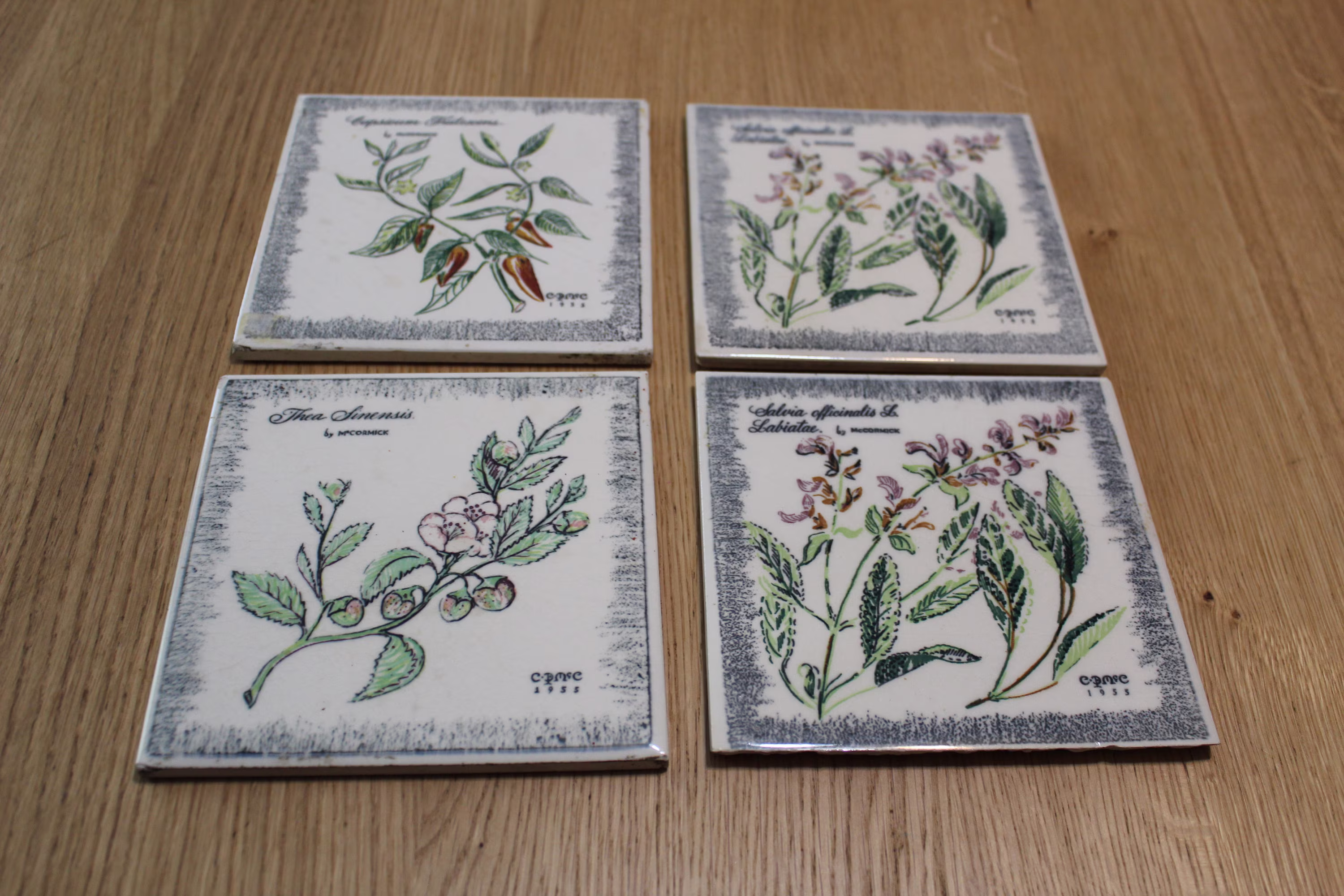 Vintage Tiles Mccormick Cpmc 1955 Mosaic Usa Herbs Spices Ceramic Trivets Set Of 4 Farmhouse Country