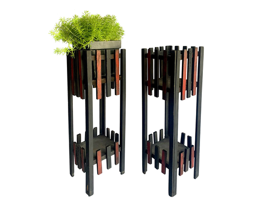 Pair Vintage Black & Red Slat Wood Plant Stands ... Folk Art Planters, Rustic Holder, Primitive Small Table Arts Crafts Homemade