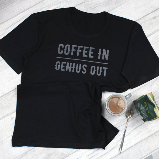 Coffee In, Genius Out T Shirt, Dark Green/Green/Powder Blue